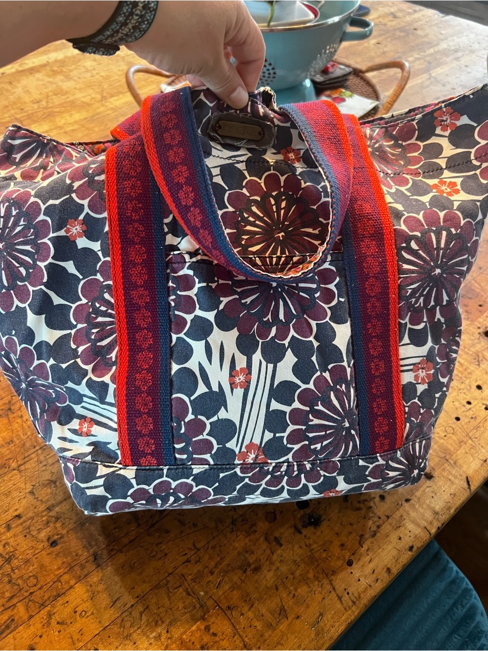 O'Neill Navy Floral Canvas Tote with Red Accent Straps